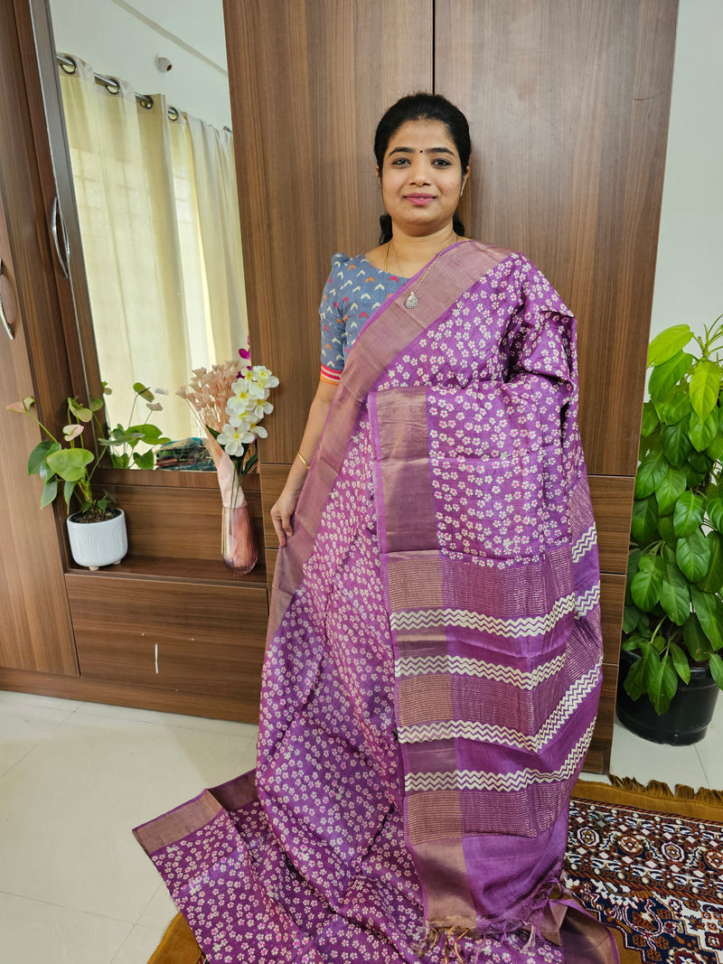 Dark Lavender Handwoven Tussar Silk Saree with Zari Border