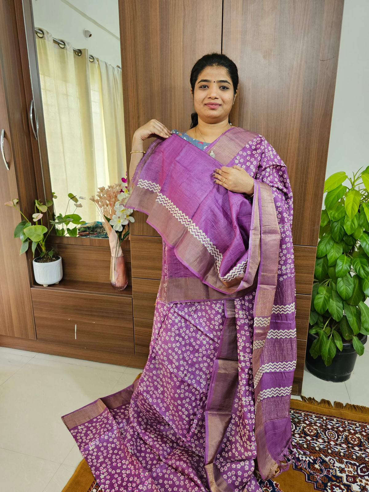 Dark Lavender Handwoven Tussar Silk Saree with Zari Border