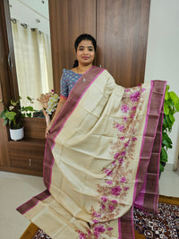 Cream with Pink Handwoven Tussar Silk Saree with Zari Border