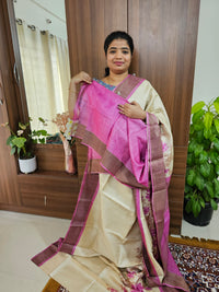 Cream with Pink Handwoven Tussar Silk Saree with Zari Border