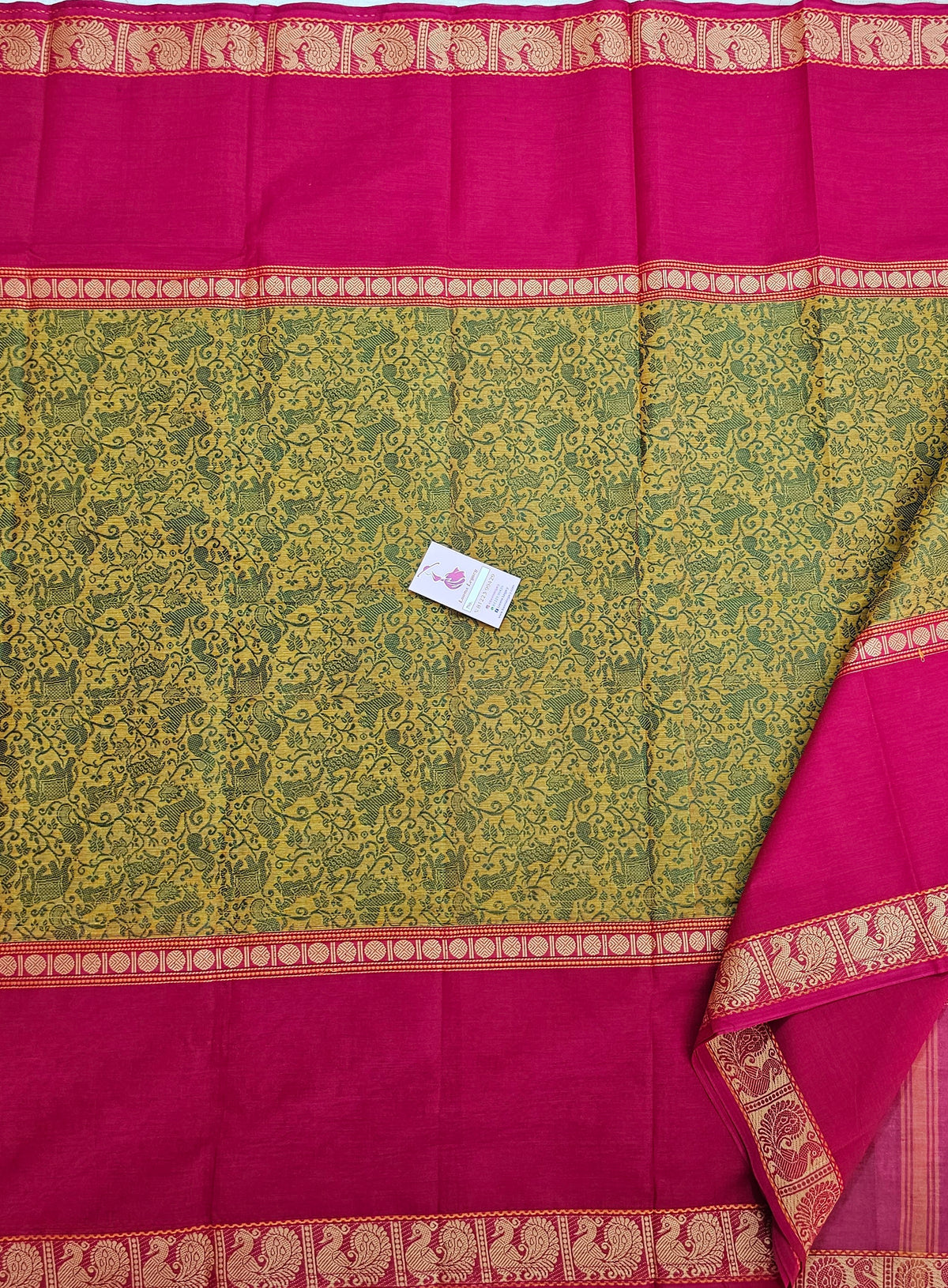 Mustard  Yellow with Pink Vanasingram Pattern Kanchi Cotton