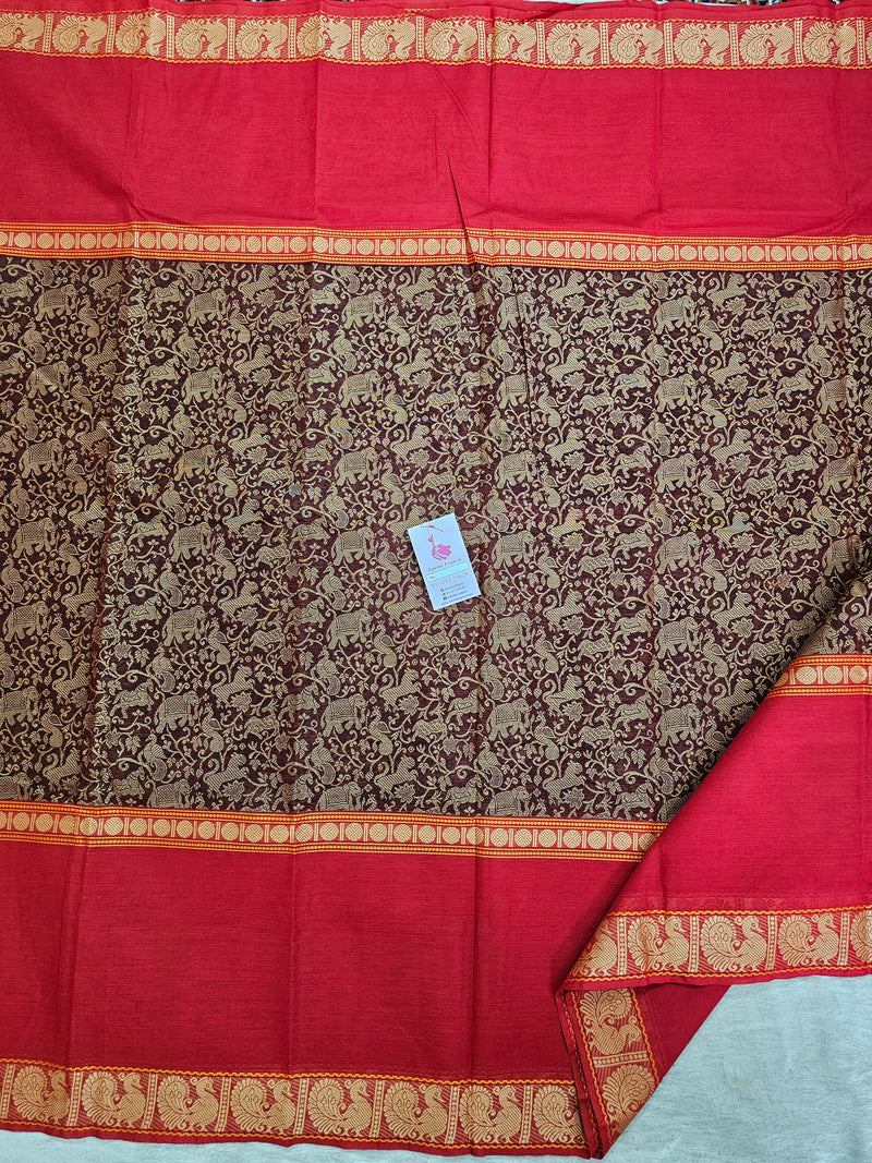 Maroon with Red Vanasingram Pattern Kanchi Cotton