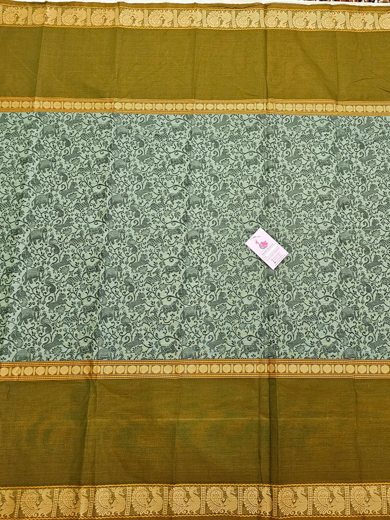 Olive Green with Dual Shade Green Vanasingram Pattern Kanchi Cotton