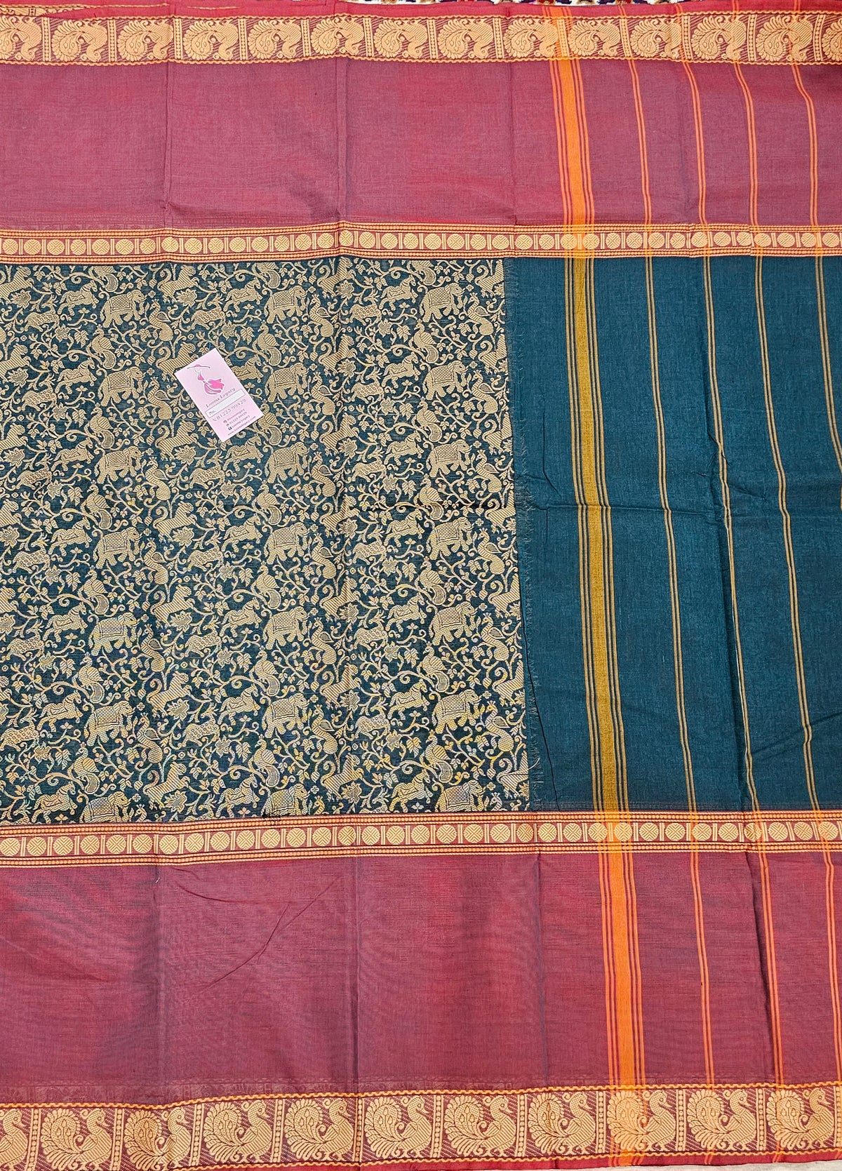 Peacock Green with Dual Shade Maroon Vanasingram Pattern Kanchi Cotton