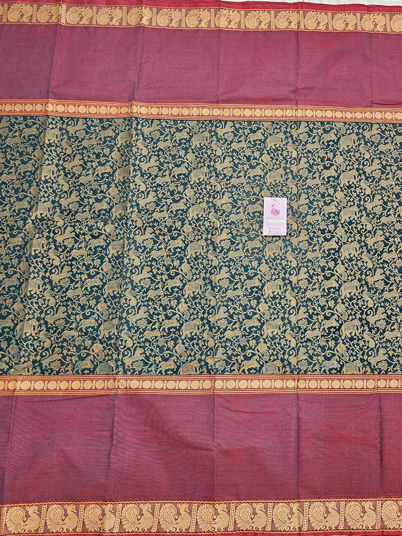 Peacock Green with Dual Shade Maroon Vanasingram Pattern Kanchi Cotton