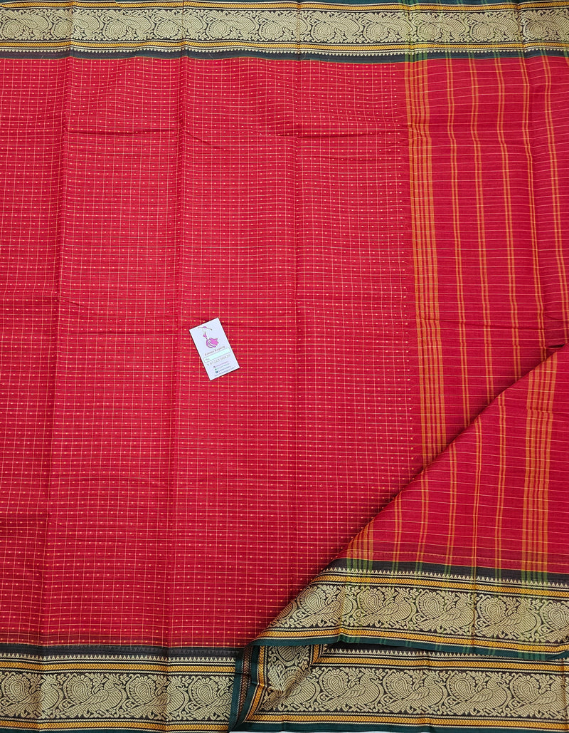 Red with Green Muthu Kattam Lakshadeepam Pattern Kanchi Cotton Sarees