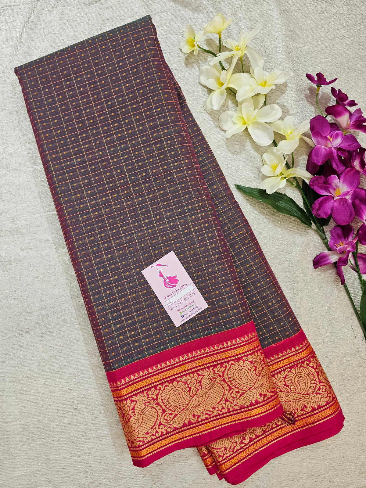 Dual Shade Peacock Blue with Pink Muthu Kattam Lakshadeepam Pattern Kanchi Cotton Sarees