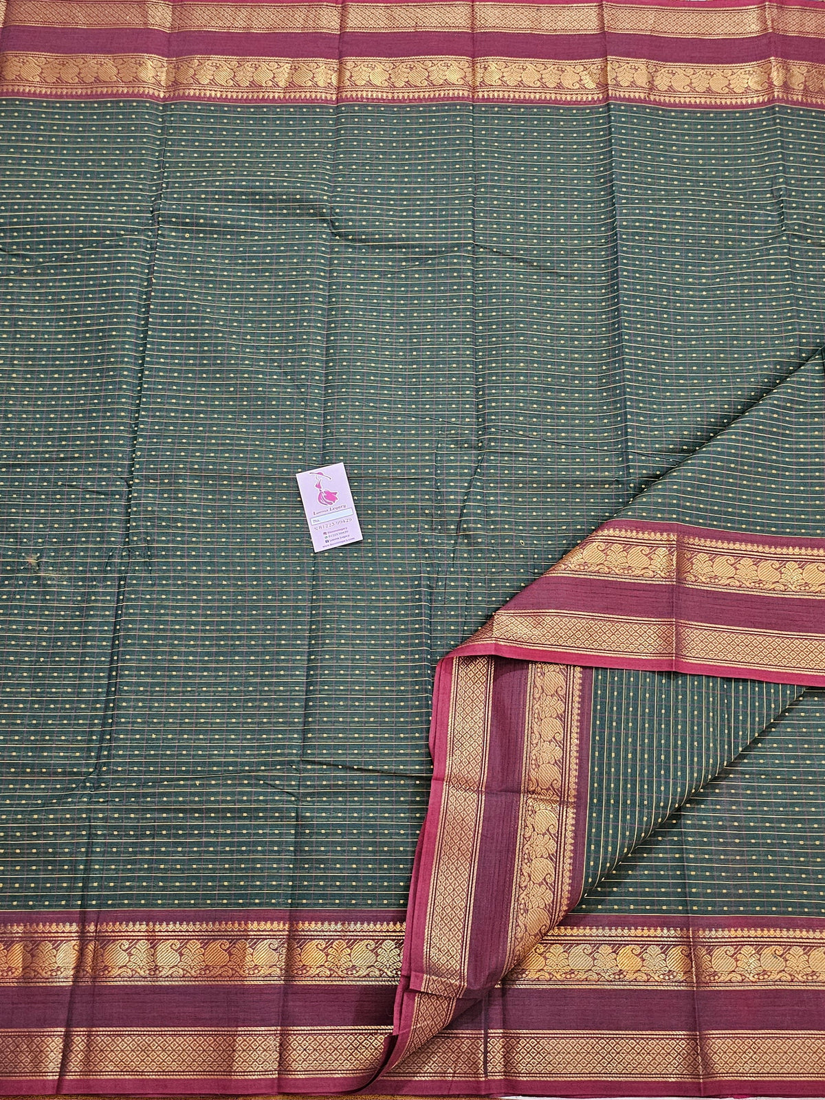 Bottle Green with Maroon Muthu Kattam Lakshadeepam Pattern Kanchi Cotton Sarees