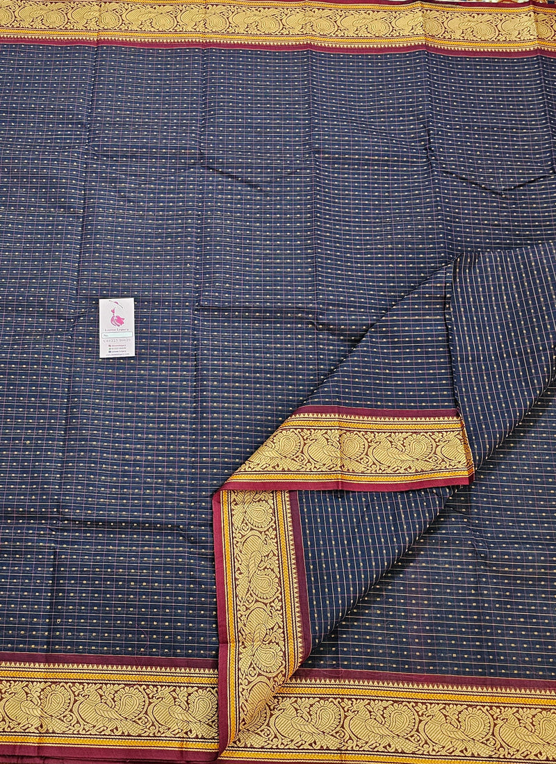 Navy Blue with Maroon Muthu Kattam Lakshadeepam Pattern Kanchi Cotton Sarees