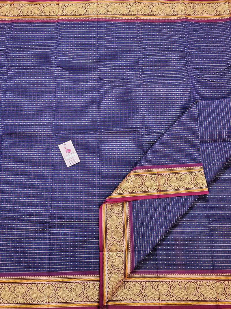 Royal Blue with Purple Muthu Kattam Lakshadeepam Pattern Kanchi Cotton Sarees