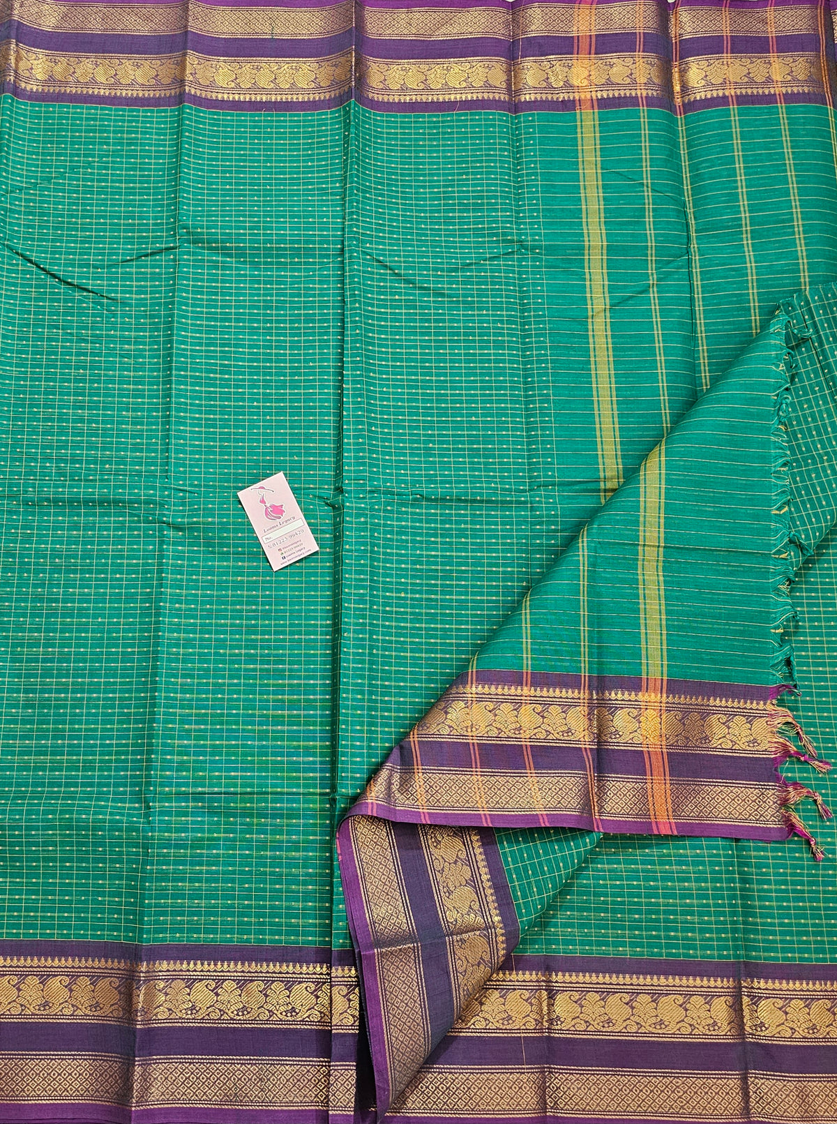 SeaGreen with Dual Shade Purple  Muthu Kattam Lakshadeepam Pattern Kanchi Cotton Sarees