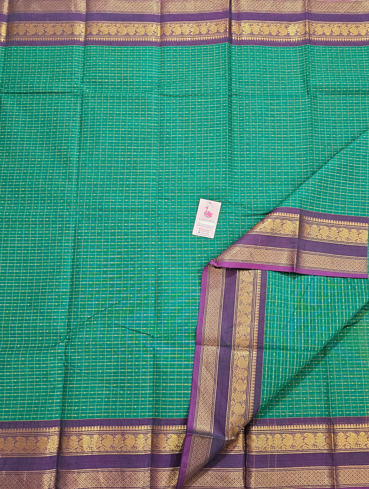 SeaGreen with Dual Shade Purple  Muthu Kattam Lakshadeepam Pattern Kanchi Cotton Sarees