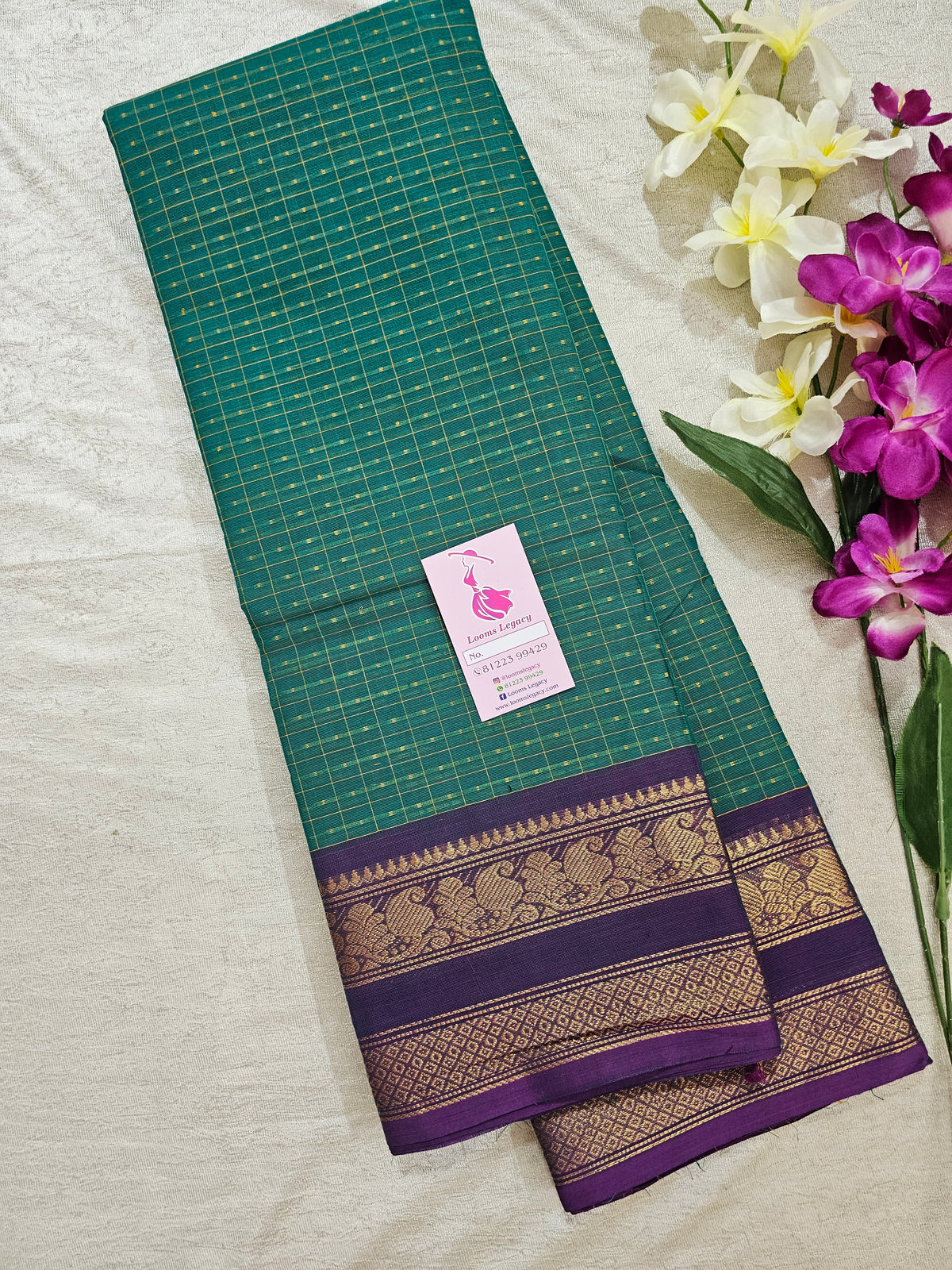 SeaGreen with Dual Shade Purple  Muthu Kattam Lakshadeepam Pattern Kanchi Cotton Sarees