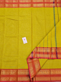 Yellow with Pinkish Orange Muthu Kattam Lakshadeepam Pattern Kanchi Cotton Sarees