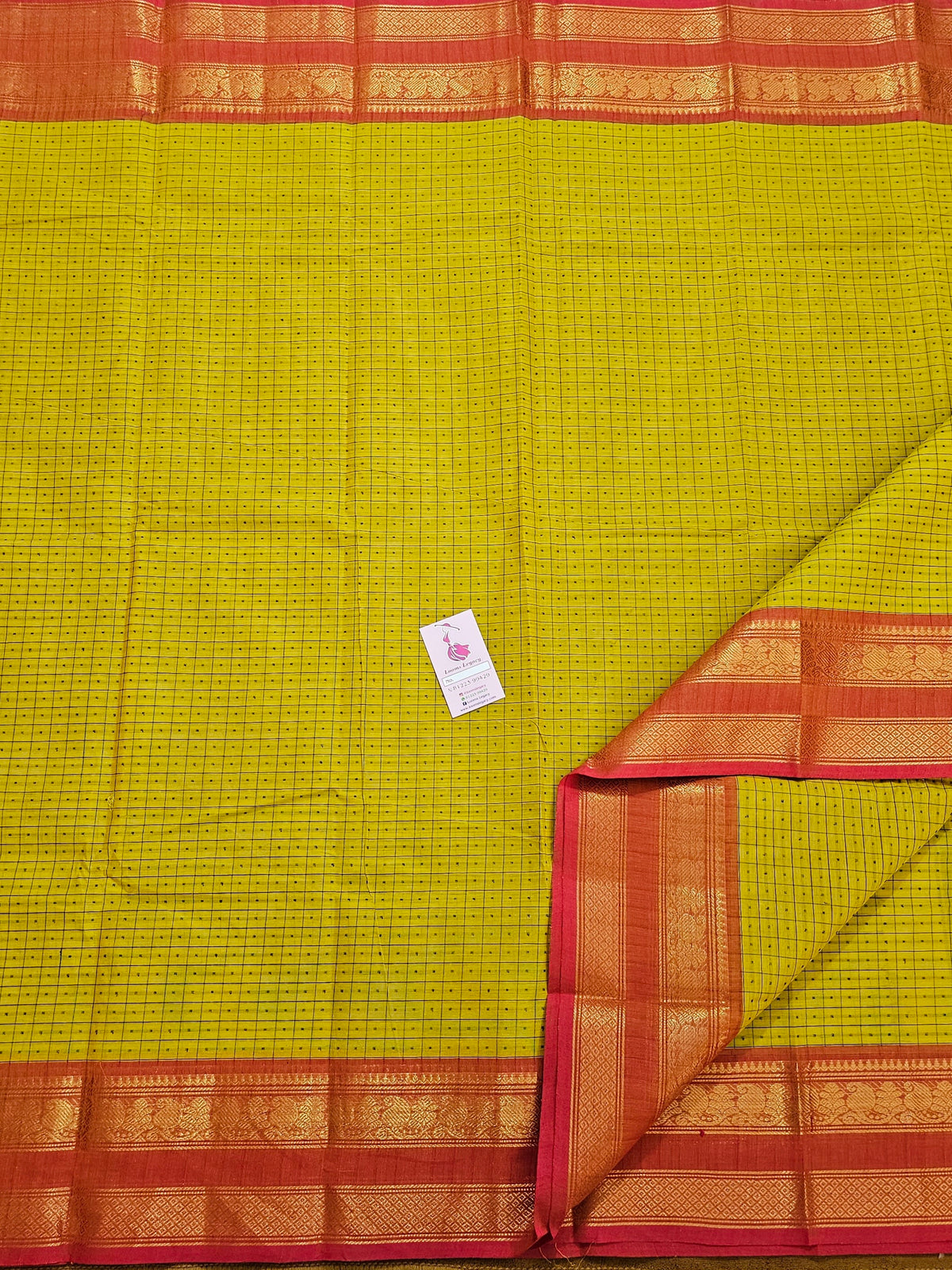 Yellow with Pinkish Orange Muthu Kattam Lakshadeepam Pattern Kanchi Cotton Sarees