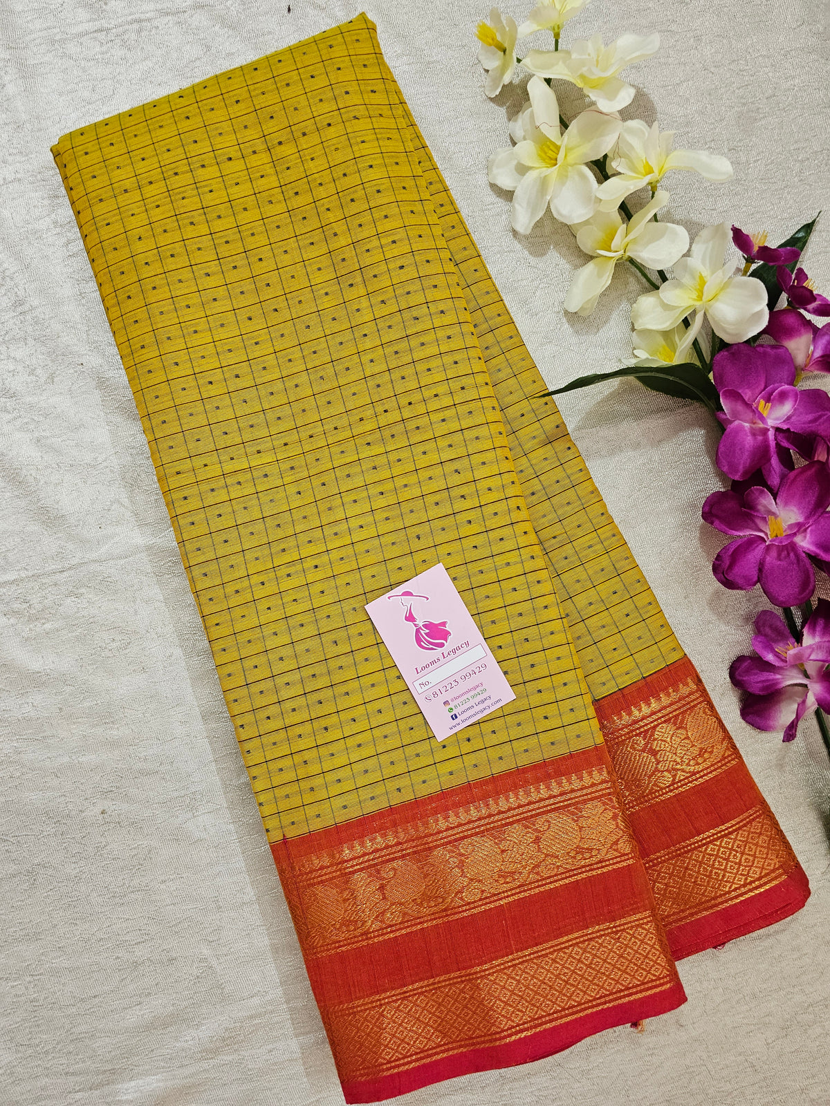 Yellow with Pinkish Orange Muthu Kattam Lakshadeepam Pattern Kanchi Cotton Sarees