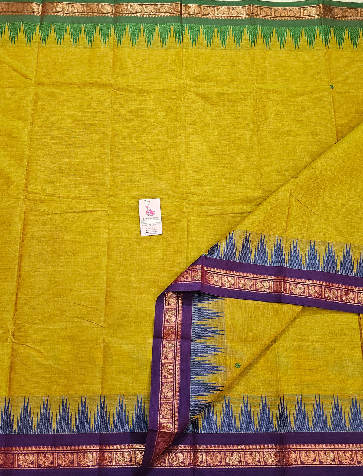 Yellow with Maroon Kanchi Cotton Saree with Ganga Jamuna Border