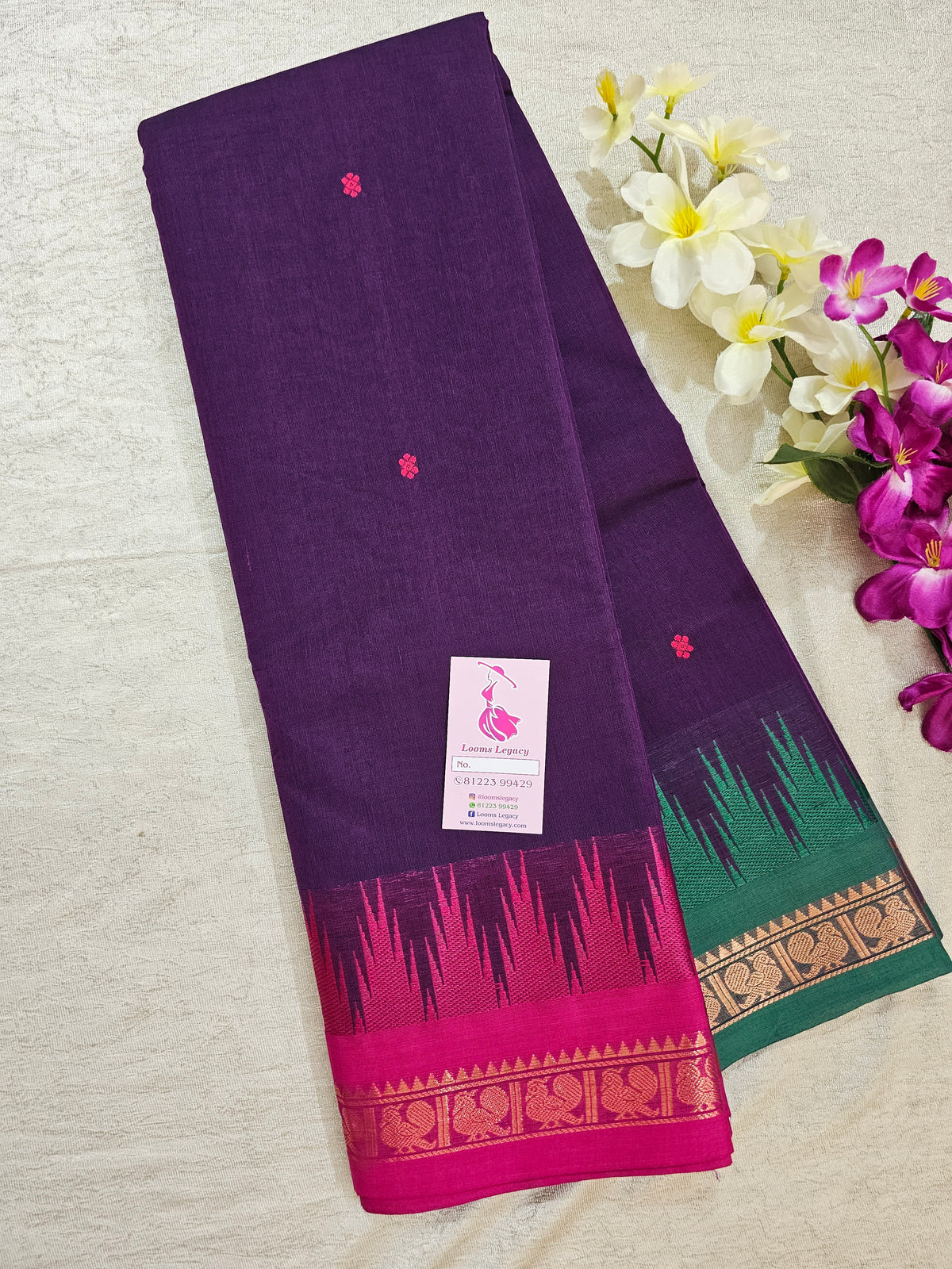 Purple Kanchi Cotton Saree with Ganga Jamuna Border