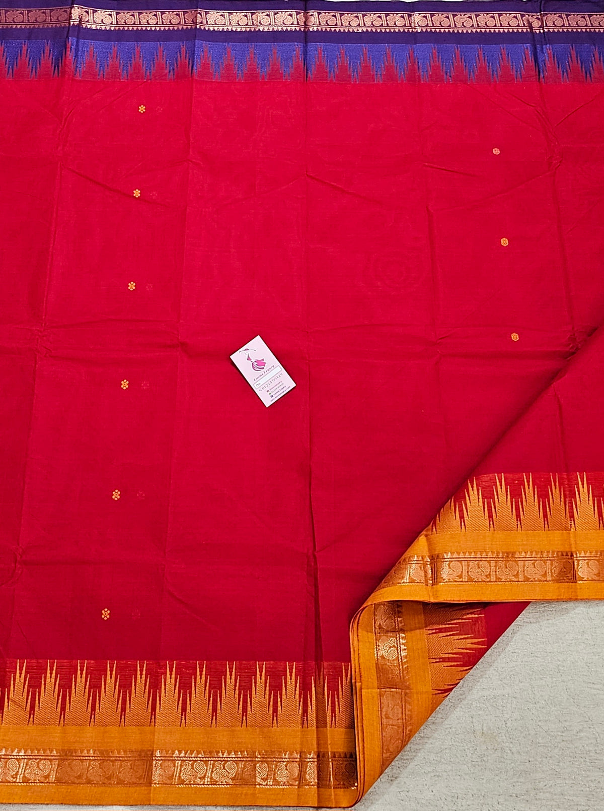 Red  Kanchi Cotton Saree with Ganga Jamuna Border