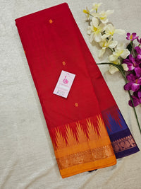 Red  Kanchi Cotton Saree with Ganga Jamuna Border