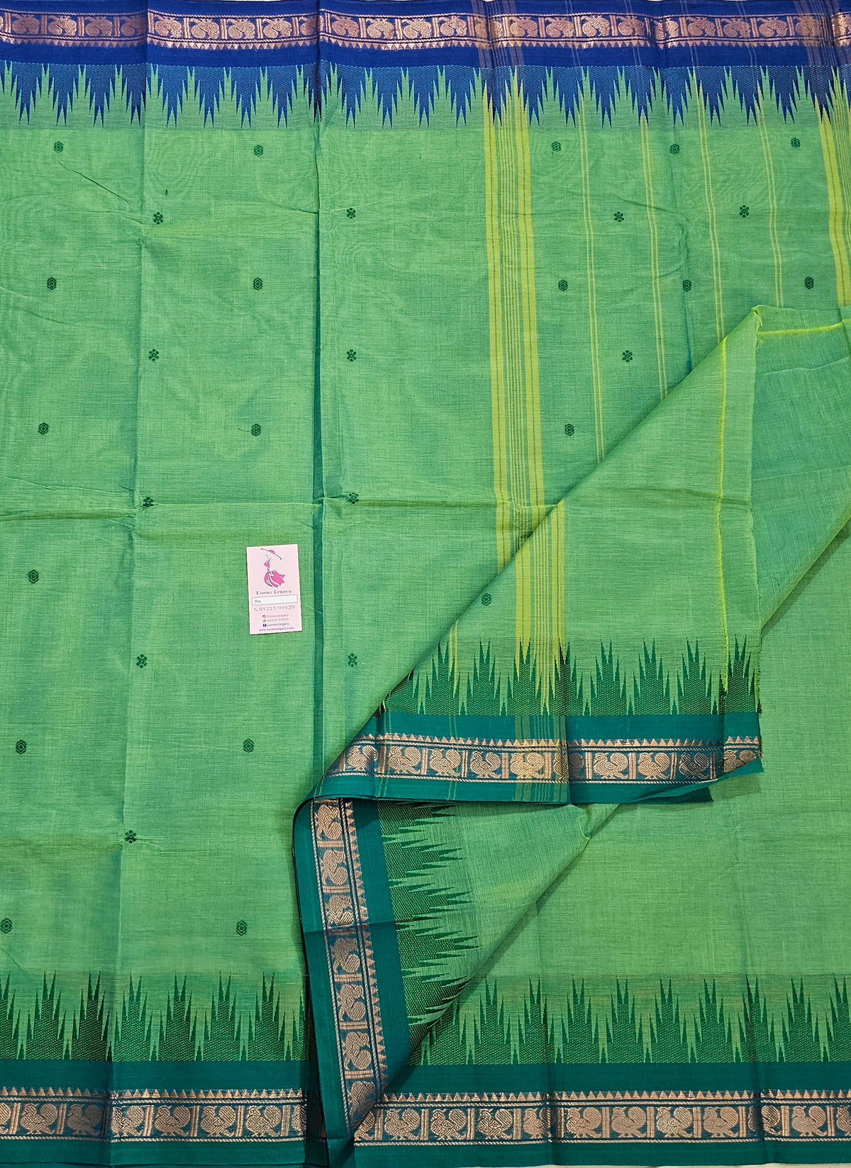 Green Kanchi Cotton Saree with Ganga Jamuna Border