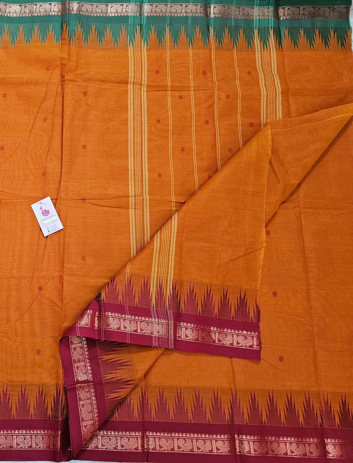 Orange Kanchi Cotton Saree with Ganga Jamuna Border