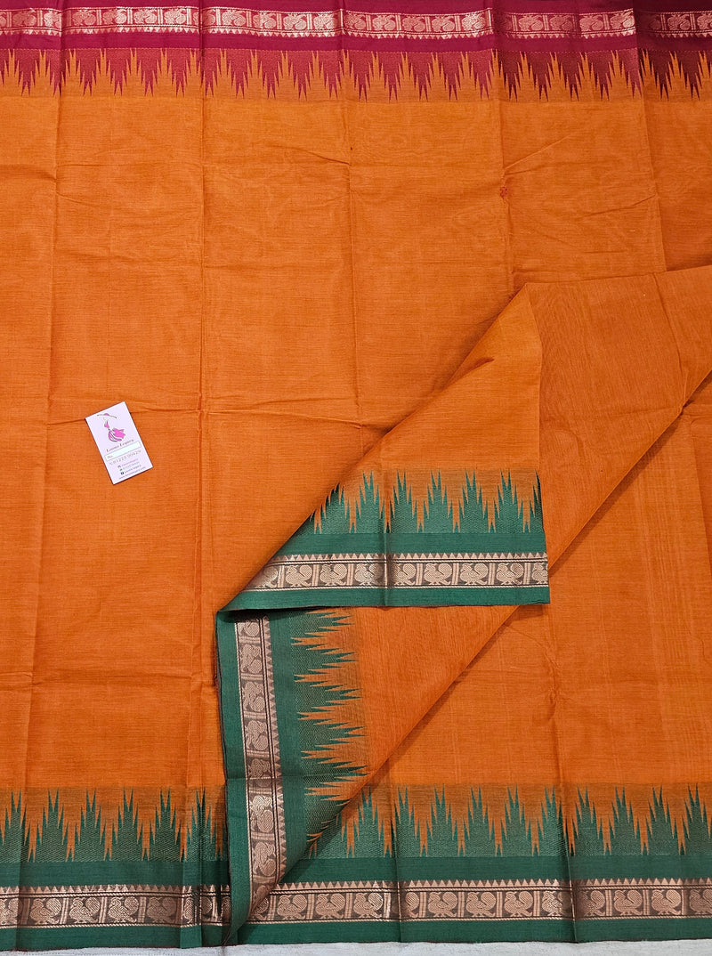 Orange Kanchi Cotton Saree with Ganga Jamuna Border