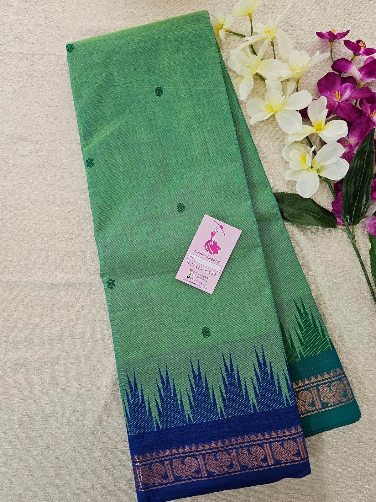 Green Kanchi Cotton Saree with Ganga Jamuna Border