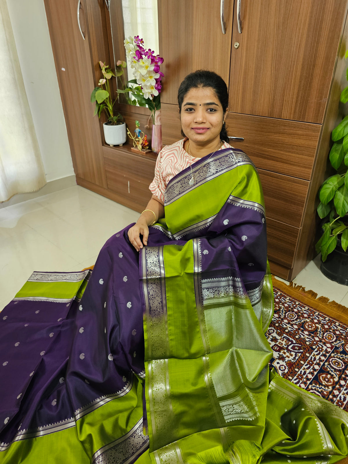 Classical Kanjivaram Pattern Pure Handloom Soft Silk Saree - Purple with Green