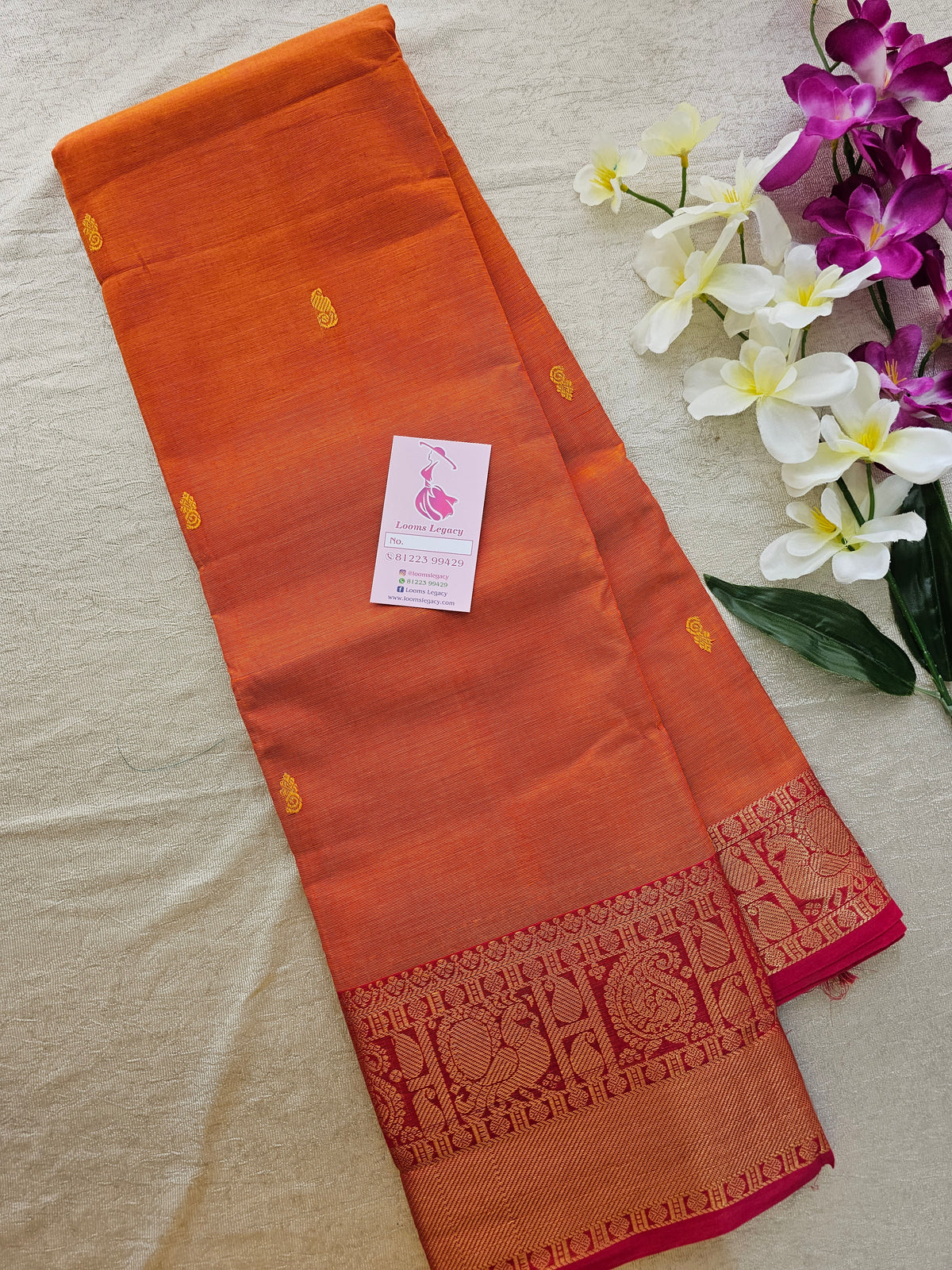 Orange Kanchi Cotton Saree with Rich Border and Pallu