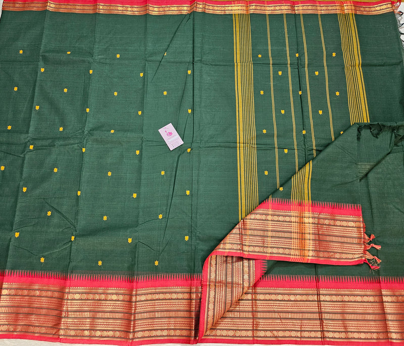 Dark Green with Red Kanchi Cotton Saree