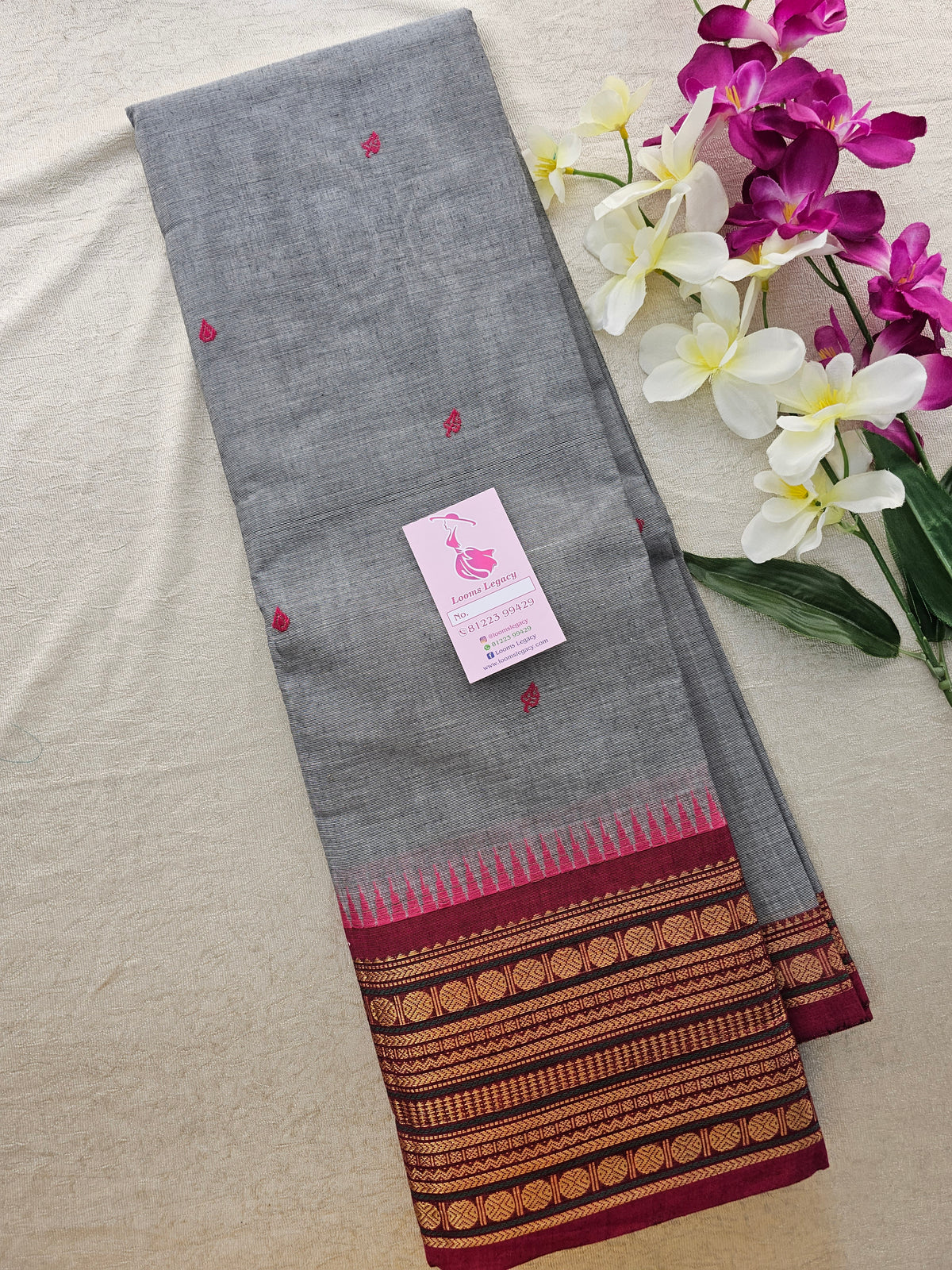 Grey with Magenta Pink Kanchi Cotton Saree