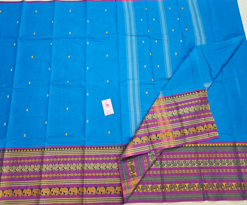 Blue with Purple Long Border Kanchi Cotton