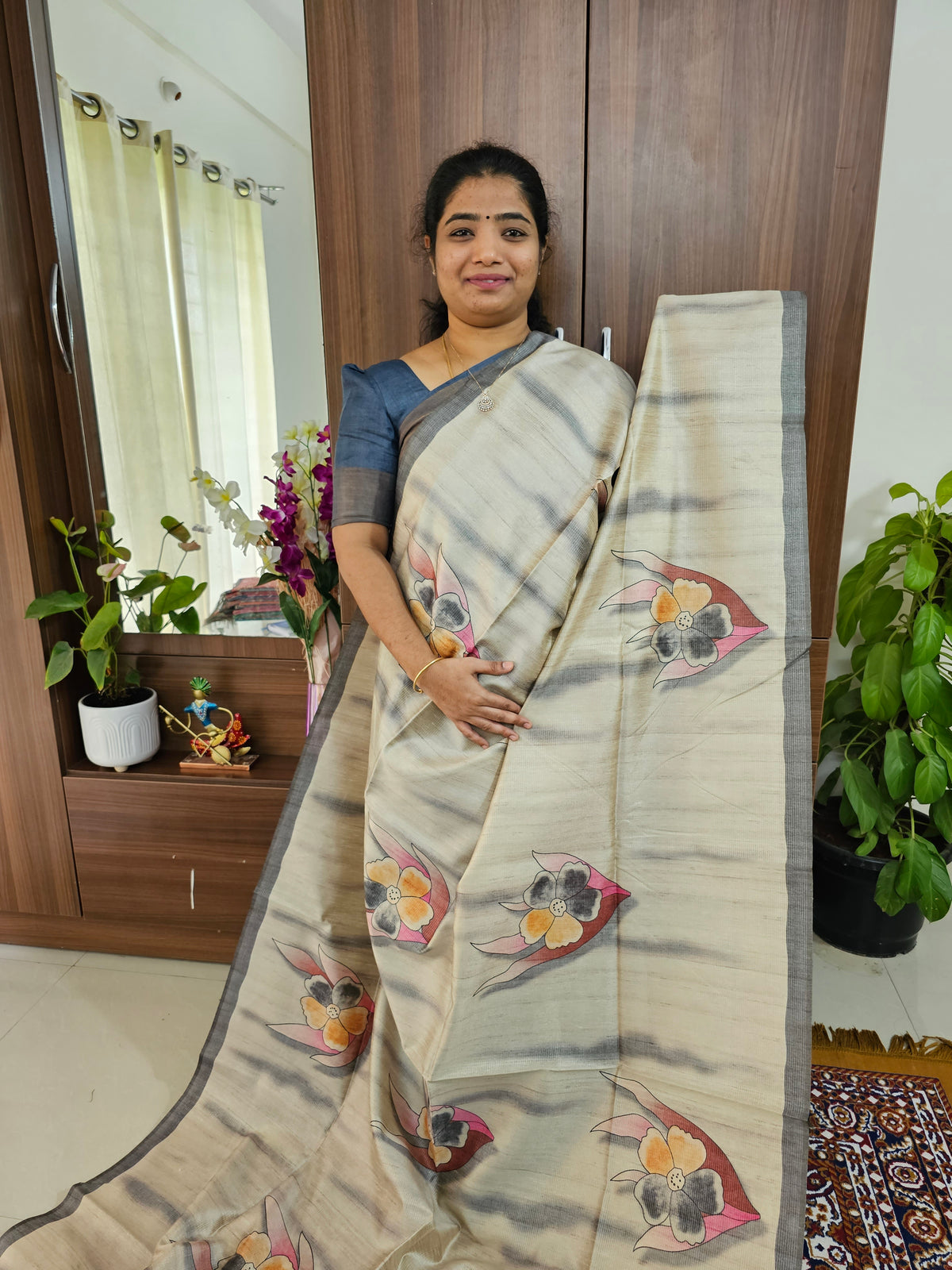 Semi Tussar with Striped Zari Weaving Saree - Grey