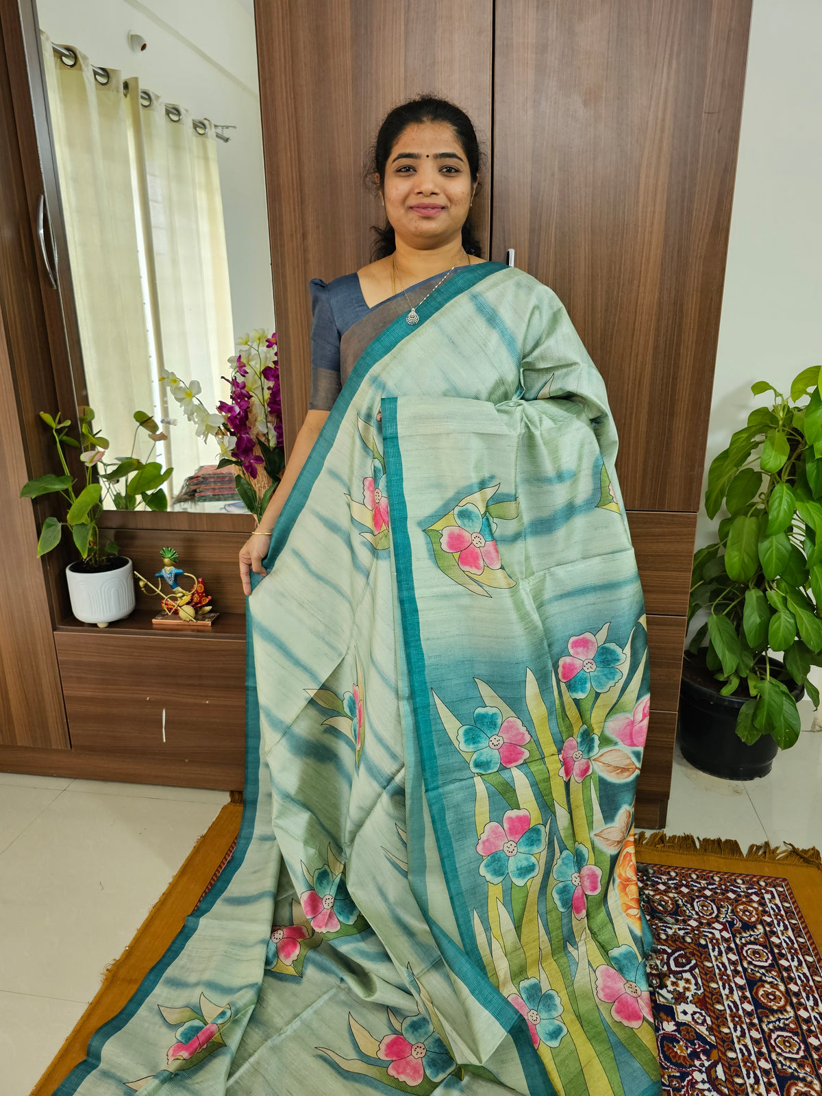 Semi Tussar with Striped Zari Weaving Saree - Sea Green