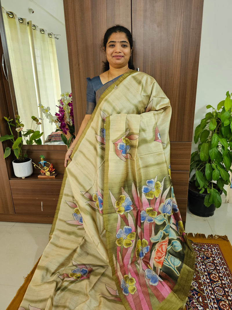 Semi Tussar with Striped Zari Weaving Saree - Mehndi Green