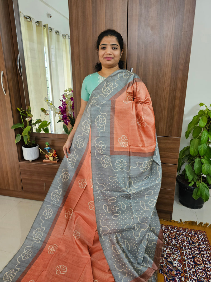 Semi Tussar with Striped Zari Weaving Saree - Orange with Grey