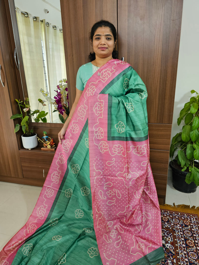 Semi Tussar with Striped Zari Weaving Saree - Sea Green with Pink