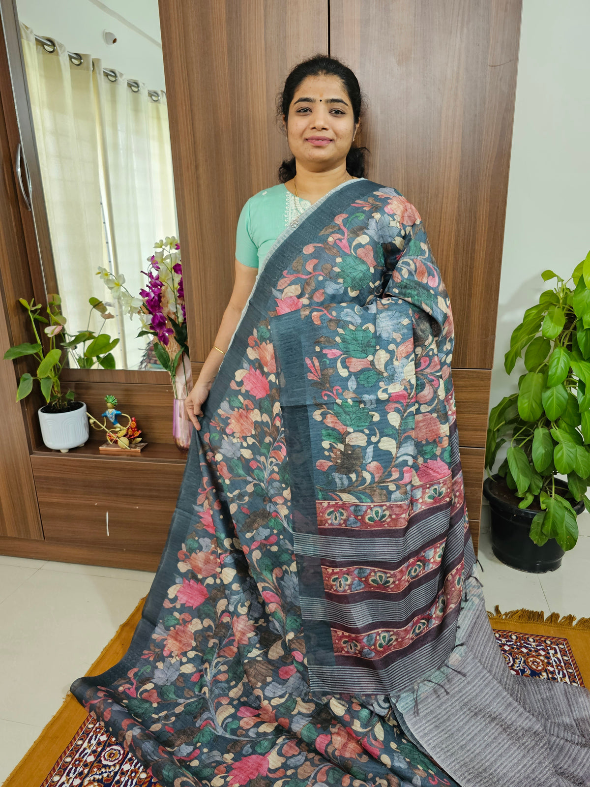 Semi Tussar Kalamkari Digital Printed Saree -  Grey