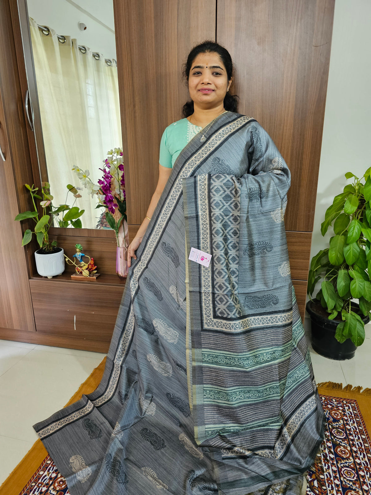 Semi Tussar Kalamkari Digital Printed Saree - Grey