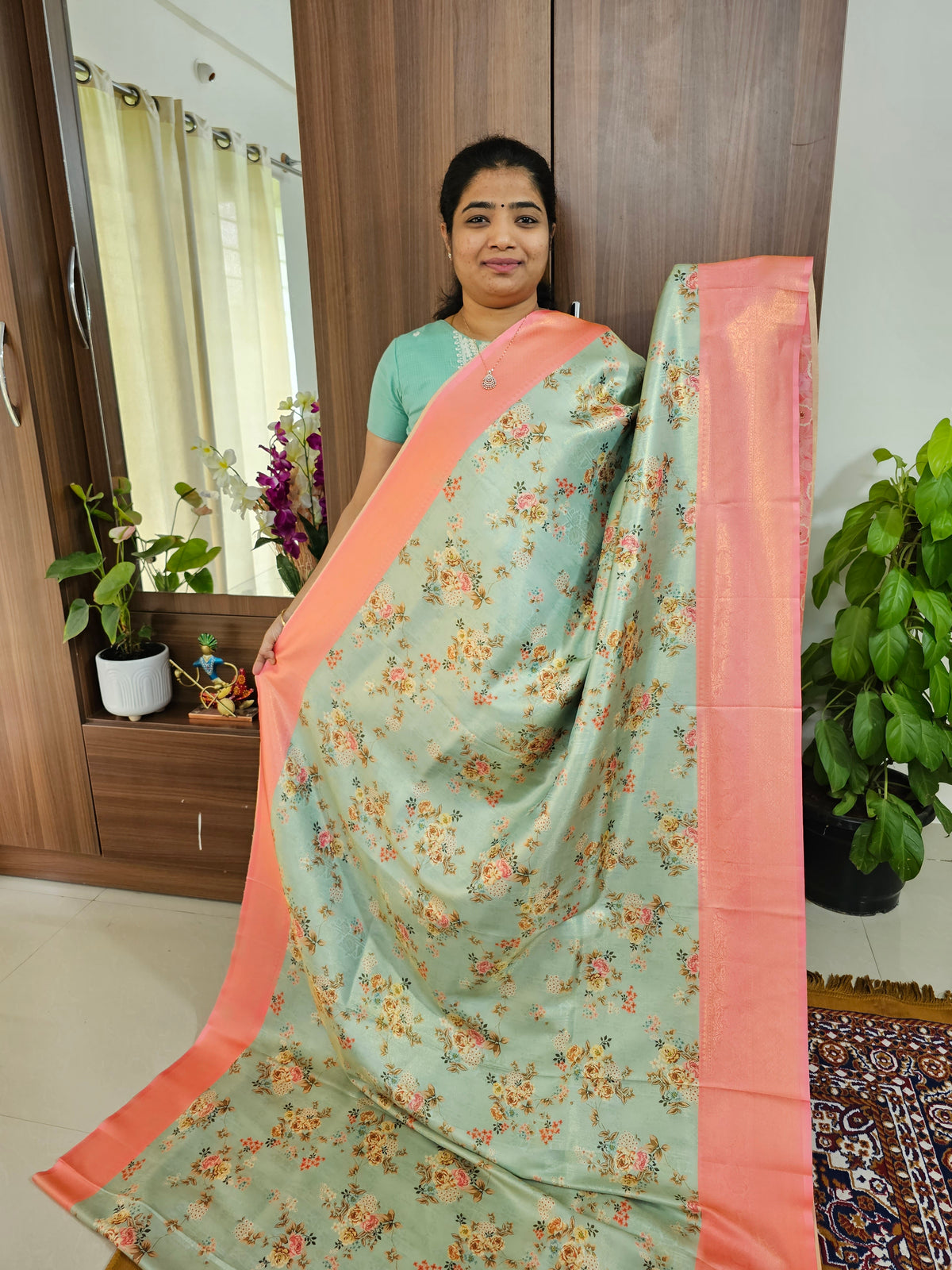 Pastel Green with Peach Semi Banarasi Copper Zari Weave Soft Silk Saree with Digital Print