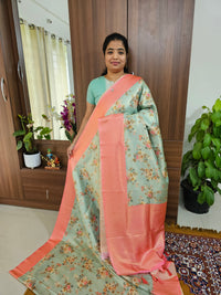 Pastel Green with Peach Semi Banarasi Copper Zari Weave Soft Silk Saree with Digital Print