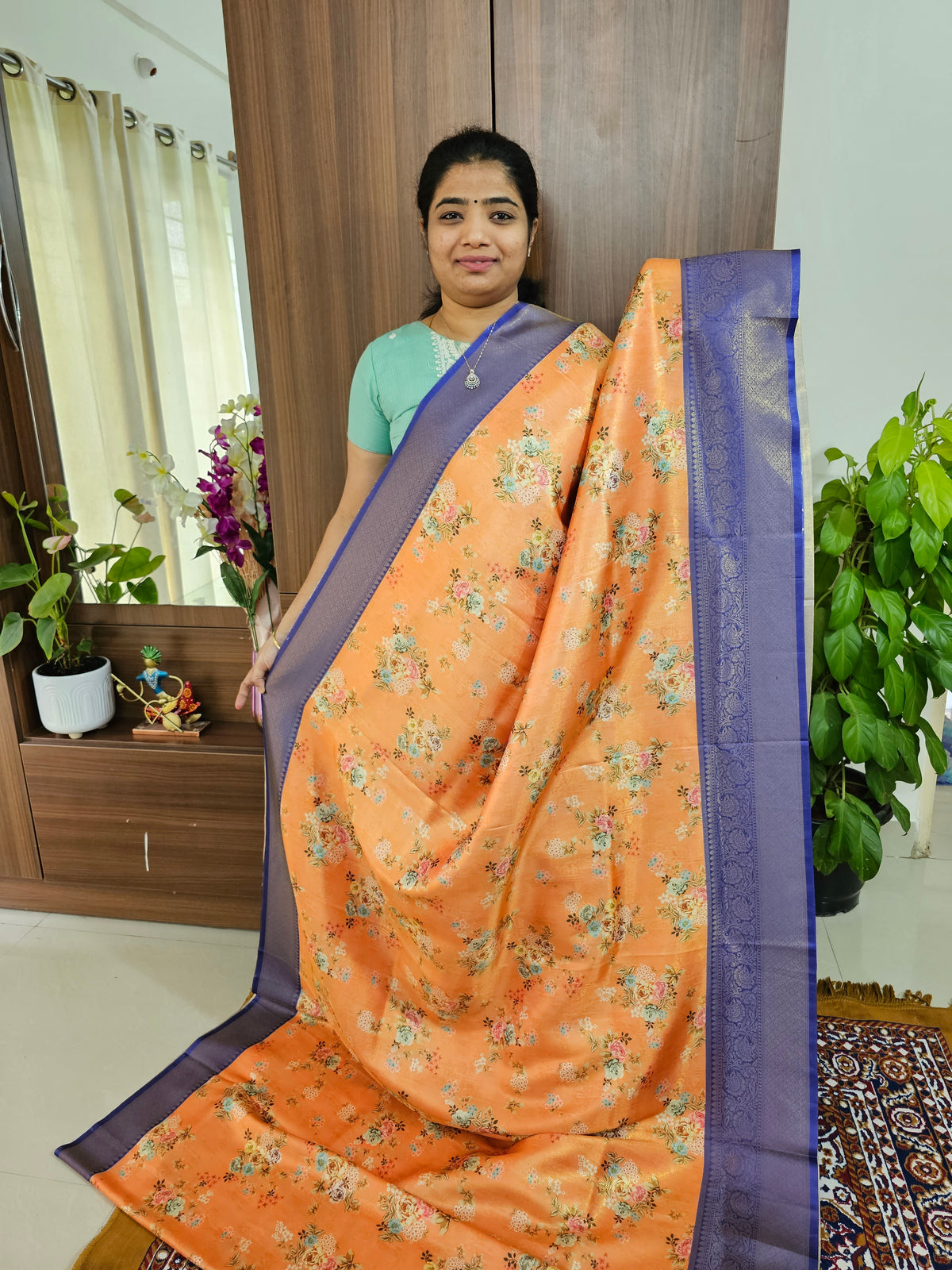 Pastel Orange with Violet Semi Banarasi Copper Zari Weave Soft Silk Saree with Digital Print