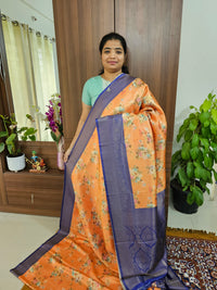 Pastel Orange with Violet Semi Banarasi Copper Zari Weave Soft Silk Saree with Digital Print