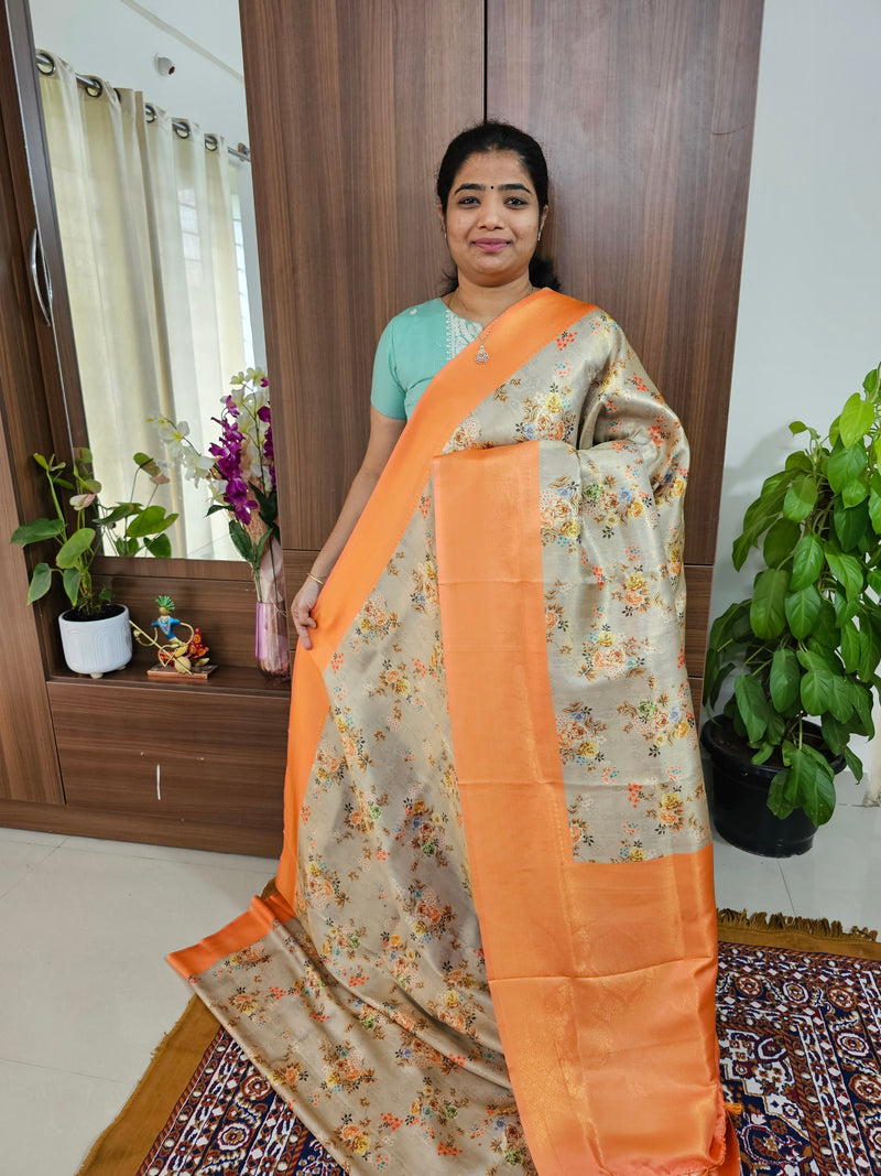 Grey with Orange Semi Banarasi Copper Zari Weave Soft Silk Saree with Digital Print