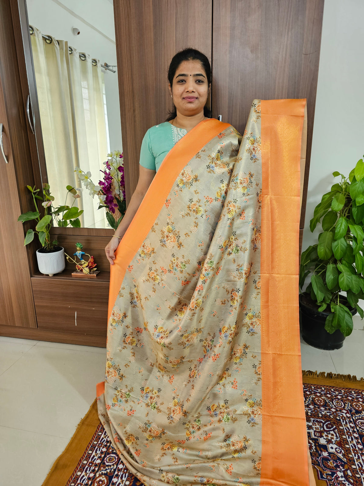 Grey with Orange Semi Banarasi Copper Zari Weave Soft Silk Saree with Digital Print