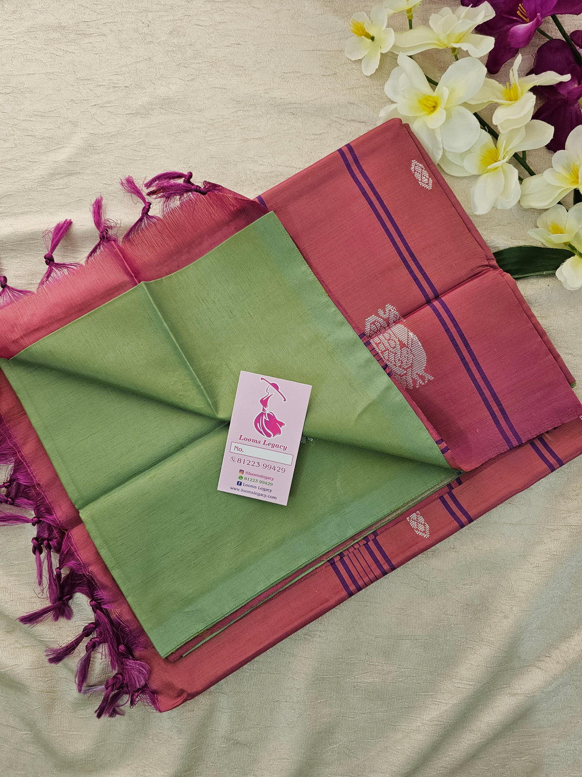 Green with Magenta Pink Pallu Handwoven Chinnalampattu Saree