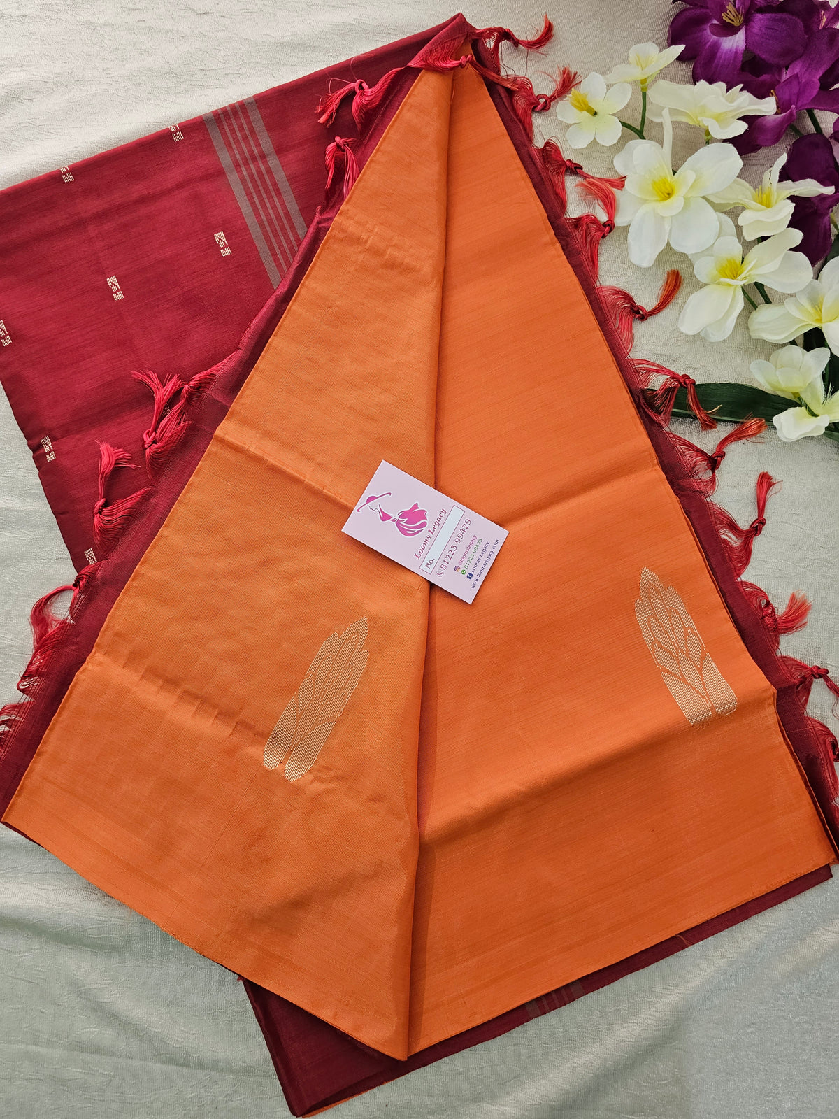 Orange with Red Pallu Handwoven Chinnalampattu Saree