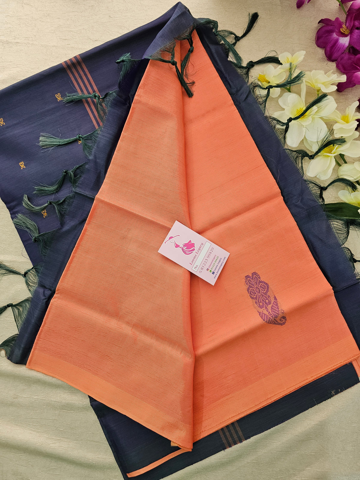 Peach with Blue Pallu Handwoven Chinnalampattu Saree