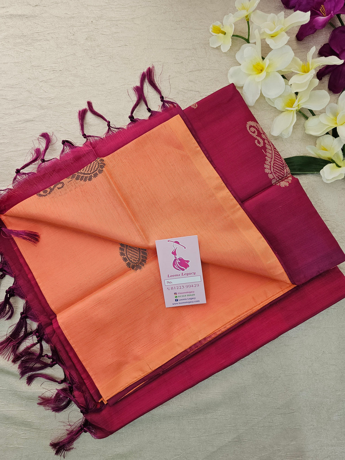 Peach with Magenta Pink Pallu Handwoven Chinnalampattu Saree